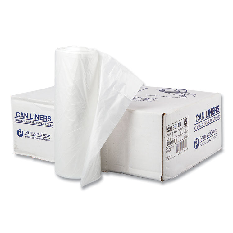 High-Density Commercial Can Liners, 60 gal, 14 mic, 38 x 60 , Clear, Interleaved Roll, 25 Bags/Roll, 8 Rolls/Carton