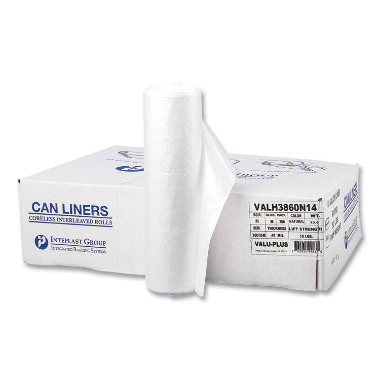High-Density Commercial Can Liner Value Pack, 60 gal, 12 mic, 38 x 58 , Clear, Interleaved Roll, 25 Bags/Roll, 8 Rolls/CT