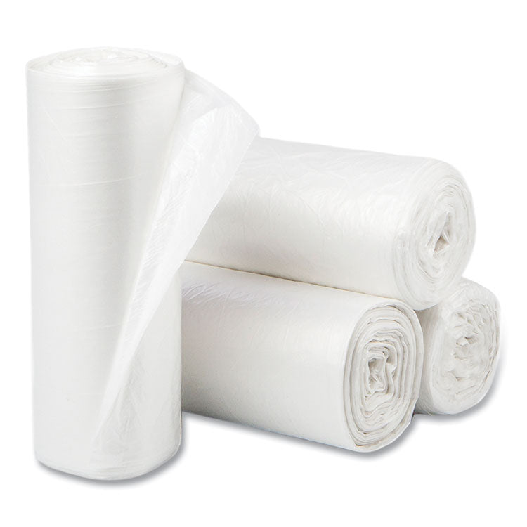 High-Density Commercial Can Liners, 60 gal, 12 mic, 38 x 60 , Clear, Interleaved Roll, 25 Bags/Roll, 8 Rolls/Carton