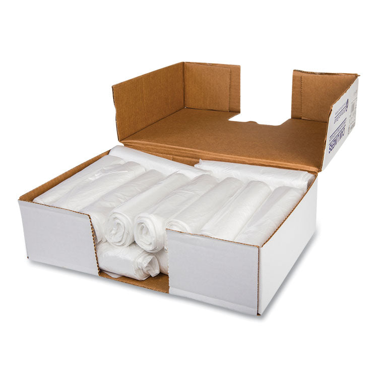 Low-Density Commercial Can Liners, 10 gal, 0.35 mil, 24 x 24 , Clear, Perforated Roll, 50 Bags/Roll, 20 Rolls/Carton