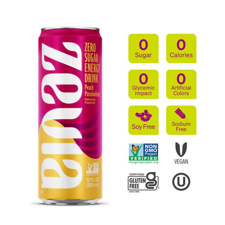 Zero Sugar Naturally Sweetened Energy Drink, Peach Passionfruit, 12 oz Can, 12/Carton