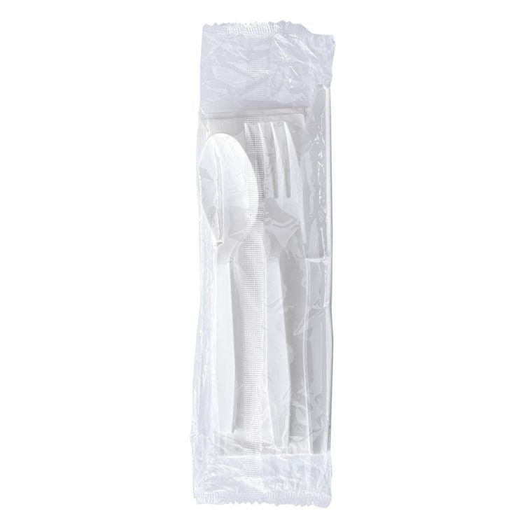 Four-Piece Cutlery Kit, Fork/Knife/Napkin/Teaspoon, Mediumweight, Polystyrene, White, 250/Carton