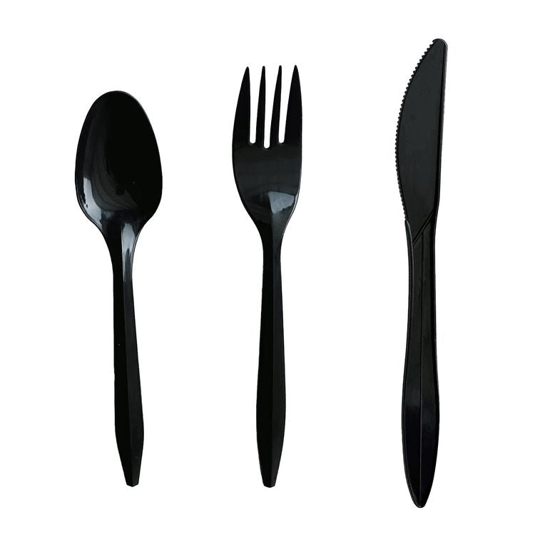 Three-Piece Cutlery Kit, Fork/Knife/Teaspoon, Polystyrene, Black, 250/Carton