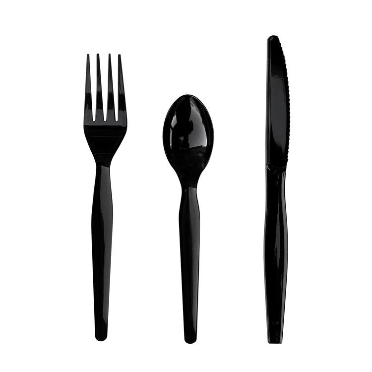 Three-Piece Cutlery Kit, Fork/Knife/Teaspoon, Heavyweight, Black, 250/Carton