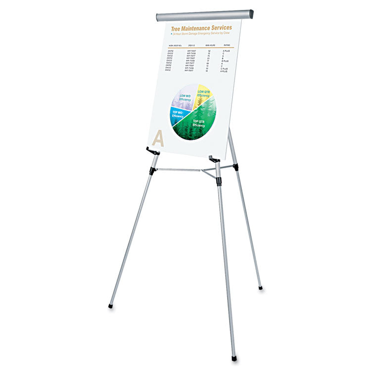 3-Leg Telescoping Easel with Pad Retainer, Adjusts 34" to 64", Aluminum, Silver