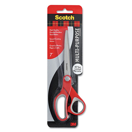 Multi-Purpose Scissors, Pointed Tip, 7" Long, 3.38" Cut Length, Gray/Red Straight Handle