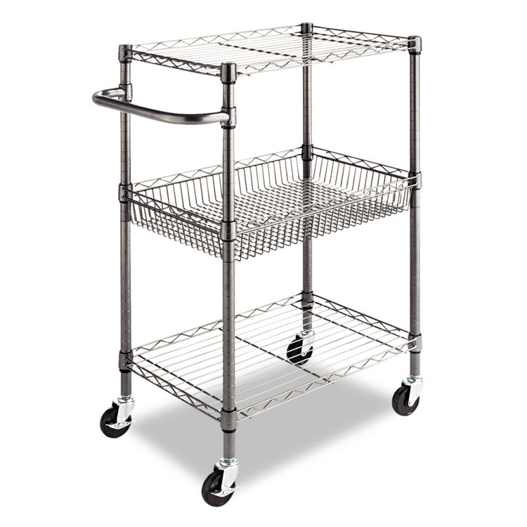 Three-Tier Wire Cart with Basket, Metal, 2 Shelves, 1 Bin, 500 lb Capacity, 28" x 16" x 39", Black Anthracite