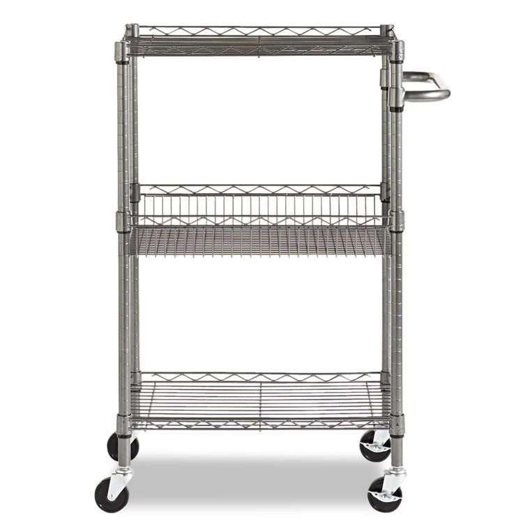 Three-Tier Wire Cart with Basket, Metal, 2 Shelves, 1 Bin, 500 lb Capacity, 28" x 16" x 39", Black Anthracite