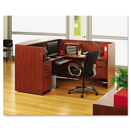 Alera Valencia Series Reception Desk with Transaction Counter, 71" x 35.5" x 29.5" to 42.5", Medium Cherry