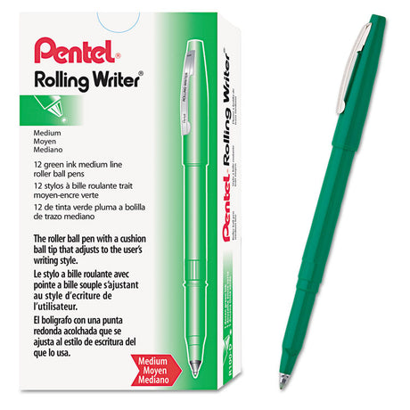 Rolling Writer Roller Ball Pen, Stick, Medium 0.8 mm, Green Ink, Green Barrel, Dozen