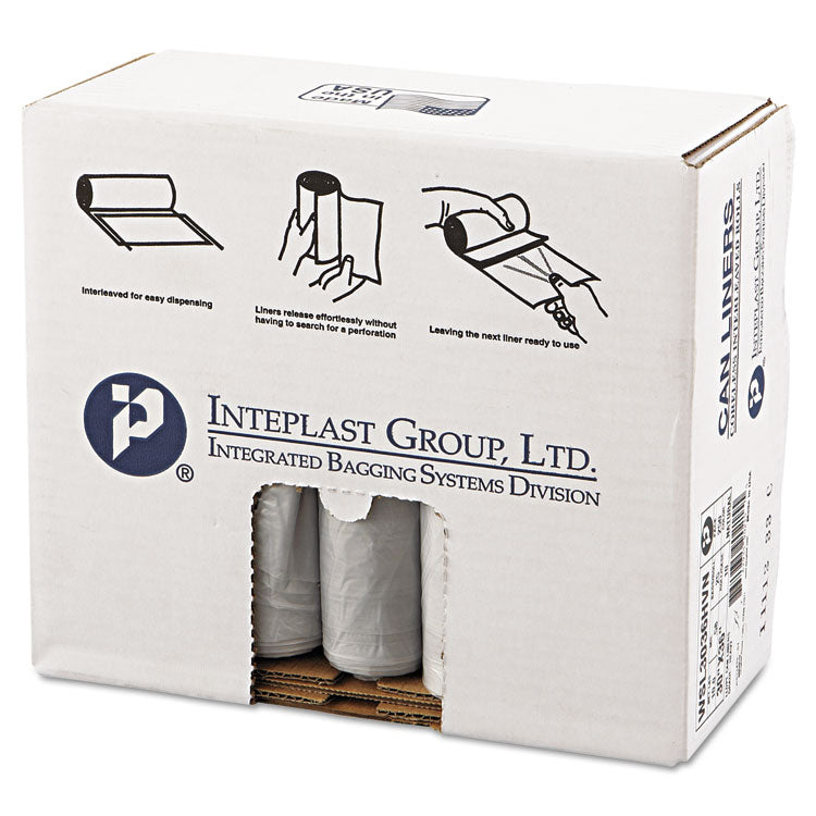 Low-Density Commercial Can Liners, 30 gal, 0.58 mil, 30  x 36 , Clear, Interleaved Roll, 25 Bags/Roll, 10 Rolls/Carton