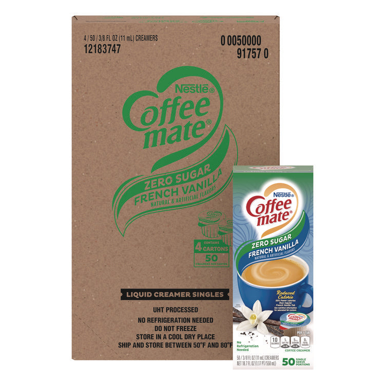 Liquid Coffee Creamer, Zero Sugar French Vanilla, 0.38 oz Mini Cups, 50/Box, 4 Boxes/Carton, 200 Total/Carton