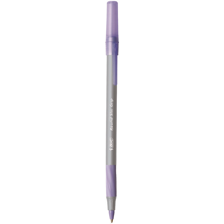 Round Stic Grip Xtra Comfort Ballpoint Pen, Easy-Glide, Stick, Medium 1.2 mm, Purple Ink, Gray/Purple Barrel, Dozen