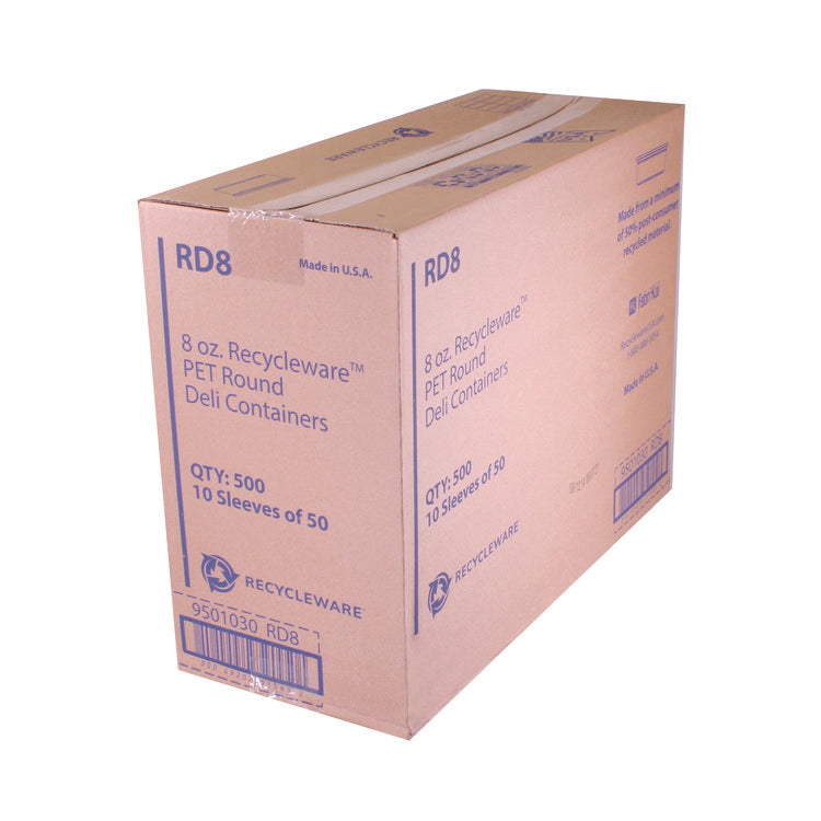 Recycleware Round Deli Container, 8 oz, 4.6  Diameter x 1.7  h, Clear, Plastic, 500/Carton