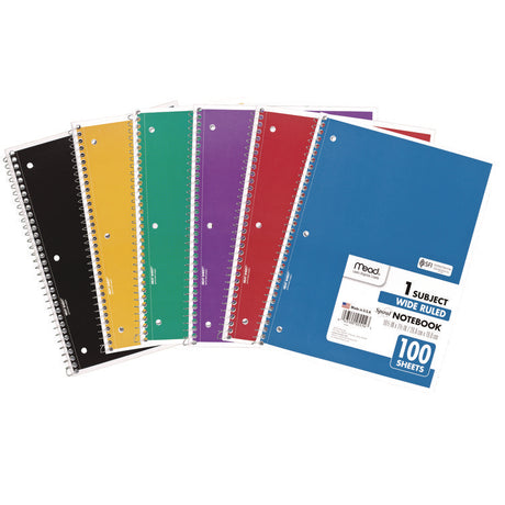 Spiral Notebook, 3-Hole Punched, 1-Subject, Wide/Legal Rule, Randomly Assorted Cover Color, (100) 10.5 x 7.5 Sheets