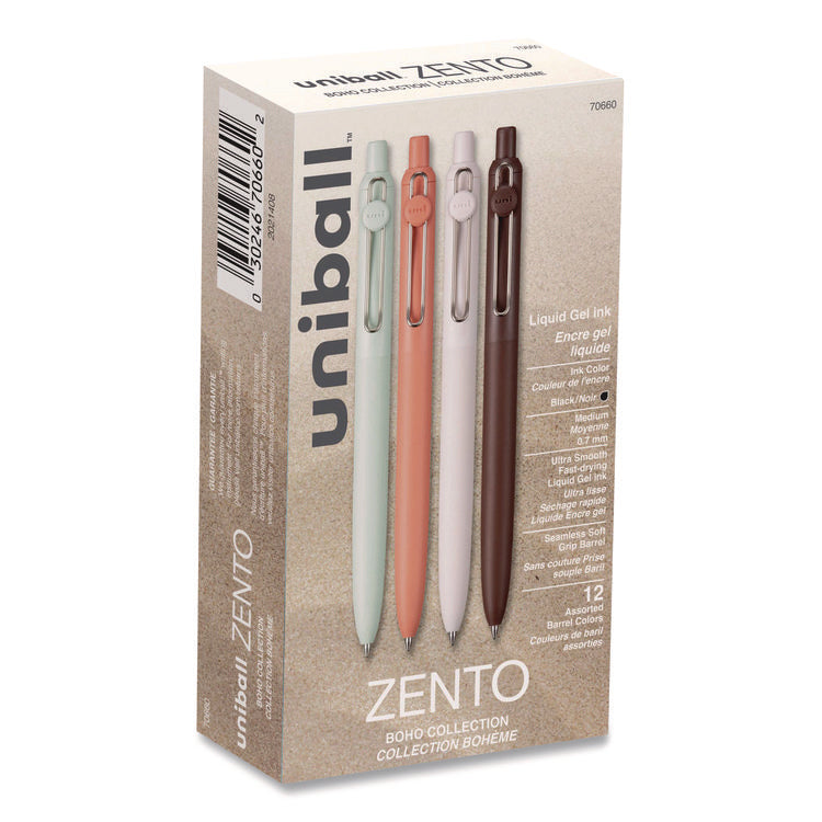 Zento Gel Pen, Retractable, Medium 0.7 mm, Black Ink, Adobe/Linen/Mist/Umber Barrel Colors, Dozen