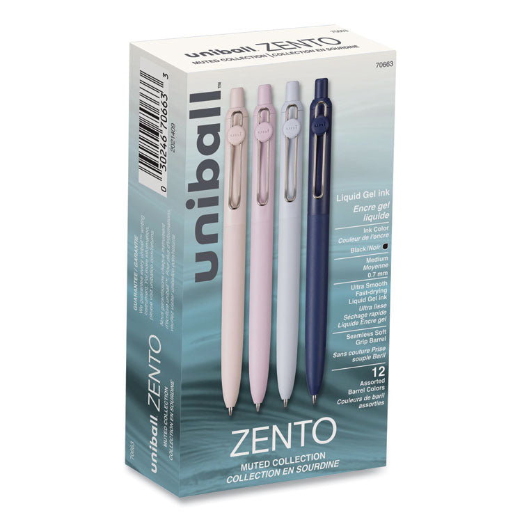 Zento Gel Pen, Retractable, Medium 0.7 mm, Black Ink, Coastal/Fog/Ivory/Lavender Barrel Colors, Dozen