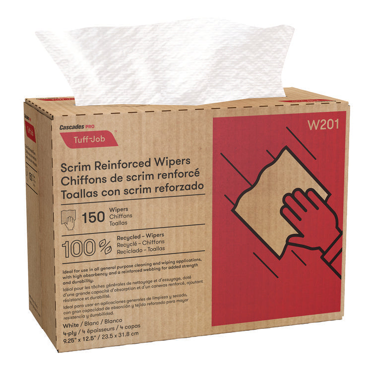 Tuff-Job Scrim Reinforced Wipers, 4-Ply, 9.25 x 12.5, White, 150/Box, 10 Boxes/Carton