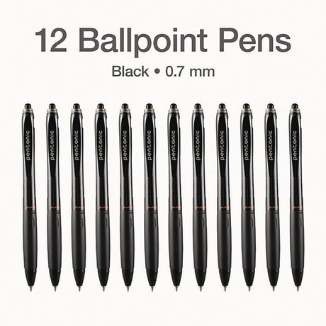 PENTONIC Retractable Ballpoint Pen, Fine 0.7 mm, Black Ink, Black Barrel, 12/Pack