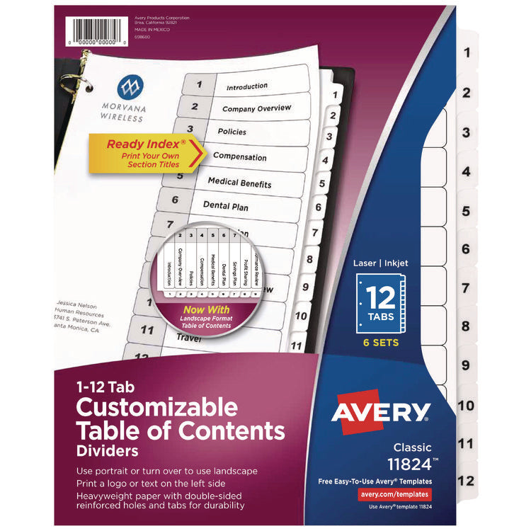 Customizable Table of Contents Ready Index Black and White Dividers, 12-Tab, 1 to 12, 11 x 8.5, White, 6 Sets