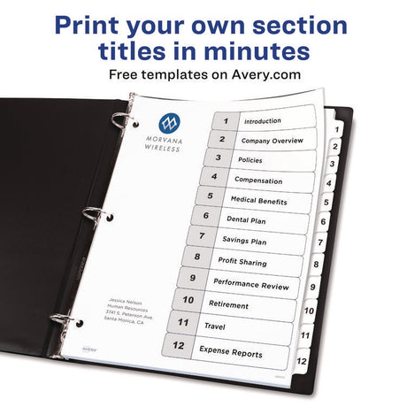 Customizable Table of Contents Ready Index Black and White Dividers, 12-Tab, 1 to 12, 11 x 8.5, White, 6 Sets