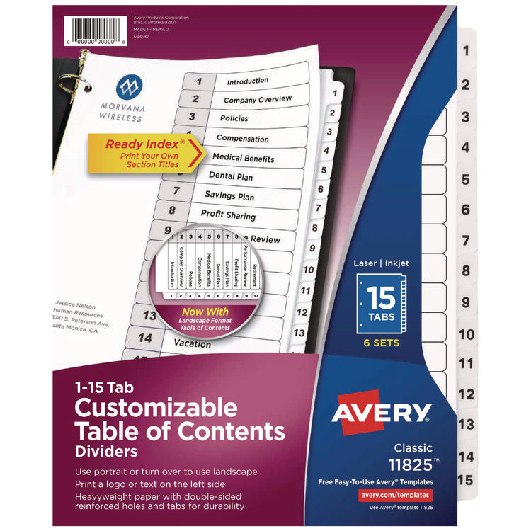 Customizable Table of Contents Ready Index Black and White Dividers, 15-Tab, 1 to 15, 11 x 8.5, White, 6 Sets