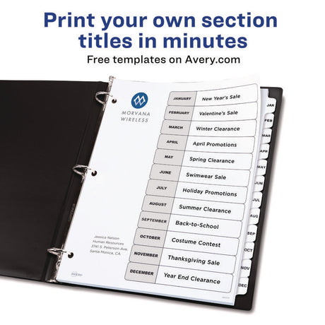 Customizable Table of Contents Ready Index Black and White Dividers, 12-Tab, Jan. to Dec., 11 x 8.5, White, 6 Sets