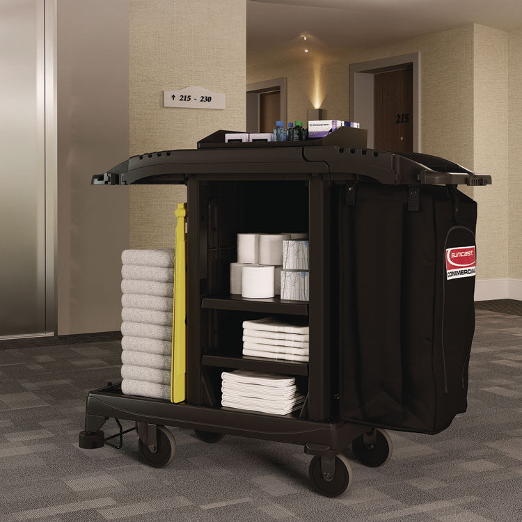 Compact Standard Housekeeping Cart, Plastic, 1 Shelf, 23.25  x 53.18  x 46.57 , Black
