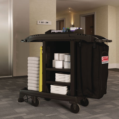 Compact Standard Housekeeping Cart, Plastic, 1 Shelf, 23.25  x 53.18  x 46.57 , Black