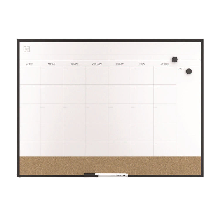 Magnetic Steel Dry Erase Combo Board, Monthly Planning/Scheduling, 23  x 17 , White/Natural Surface, Black Aluminum Frame