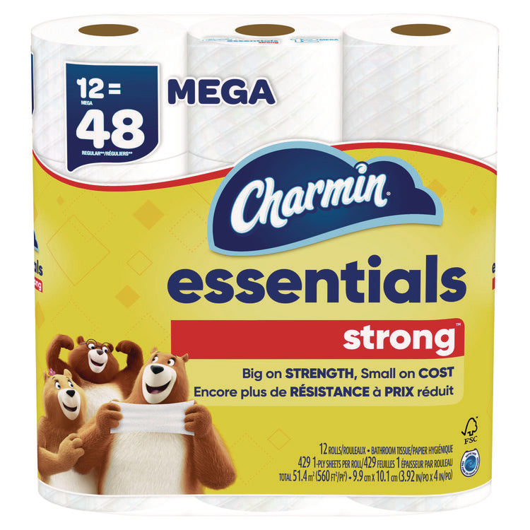 Essentials Strong Bathroom Tissue, Septic Safe, 1-Ply, White, 429/Roll, 12 Rolls/Pack