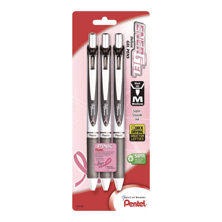 EnerGel RTX Deluxe Gel Pen, Retractable, Medium 0.7 mm, Black Ink, Black Barrel, 3/Pack