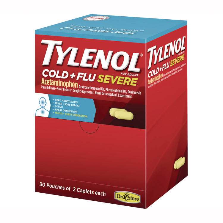 Cold + Flu Severe Caplets, 2/Pack, 30 Packs/Box