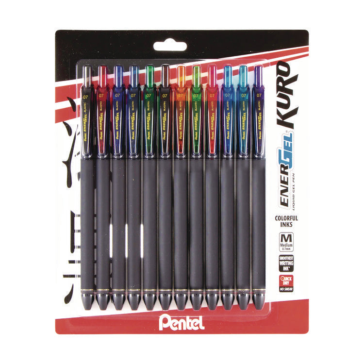 EnerGel Kuro Gel Pen, Medium 0.7 mm, Assorted Ink, Black Barrel, 12/Pack