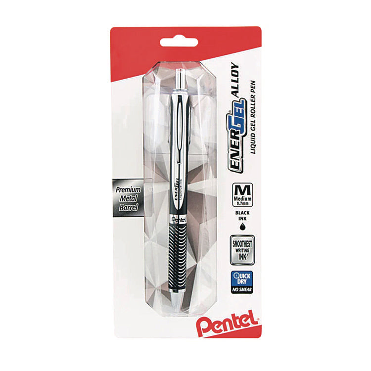 EnerGel Alloy RT Gel Pen, Retractable, Medium 0.7 mm, Black Ink, Black/Aluminum Barrel