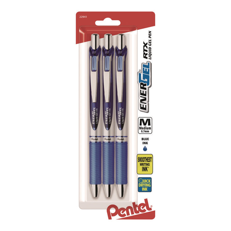 EnerGel RTX Gel Pen, Retractable, Medium 0.7 mm, Blue Ink, Blue/Silver Barrel, 3/Pack