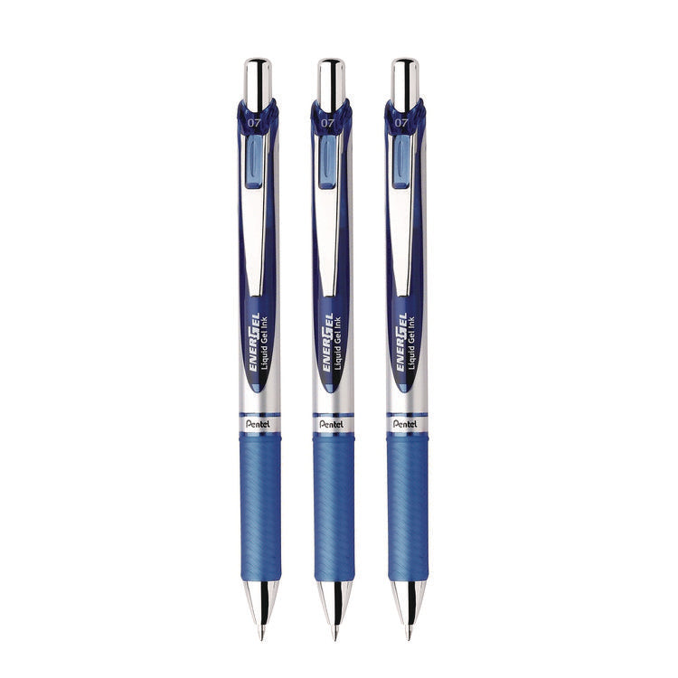 EnerGel RTX Gel Pen, Retractable, Medium 0.7 mm, Blue Ink, Blue/Silver Barrel, 3/Pack