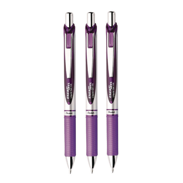 EnerGel RTX Deluxe Gel Pen, Retractable, Medium 0.7 mm, Purple Ink, Purple/Silver Barrel, 3/Pack