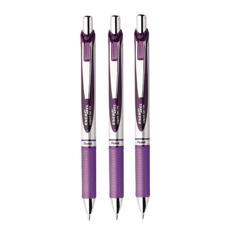 EnerGel RTX Deluxe Gel Pen, Retractable, Medium 0.7 mm, Purple Ink, Purple/Silver Barrel, 3/Pack