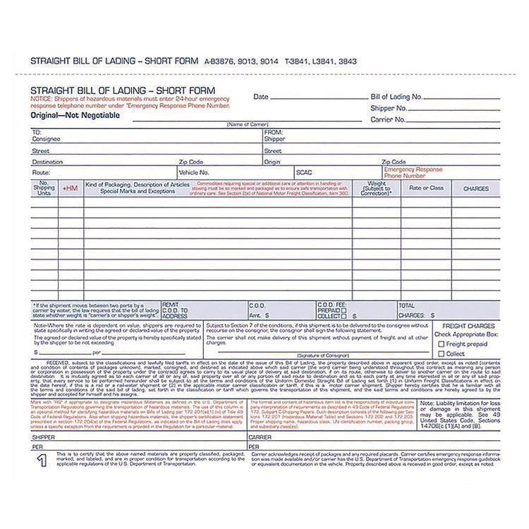 Bill of Lading - Short Form for Up to Ten Articles, Three-Part Carbonless, 8.5 x 6.94, 250 Forms Total