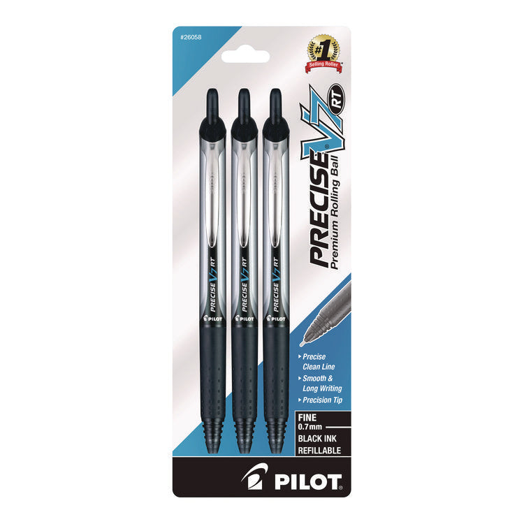 Precise V7RT Roller Ball Pen, Retractable, Fine 0.7 mm, Black Ink and Barrel, 3/Pack