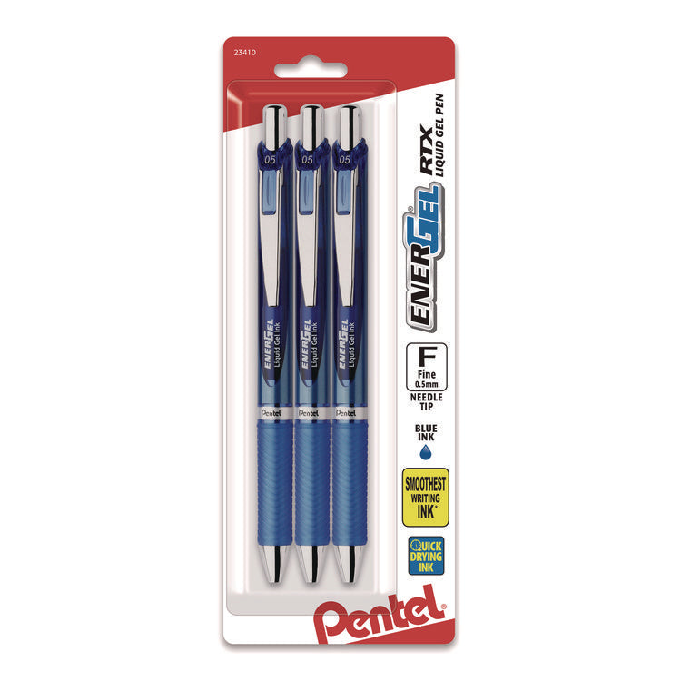 EnerGel RTX Deluxe Gel Pen, Retractable, Fine 0.5 mm, Blue Ink, Blue/Silver Barrel, 3/Pack