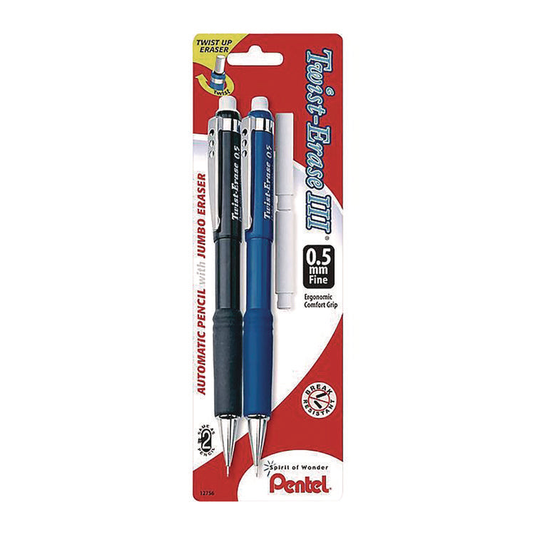 Twist-Erase III Mechanical Pencil, 0.5 mm, HB (#2), Black Lead, Black/Blue Barrel, 2/Pack