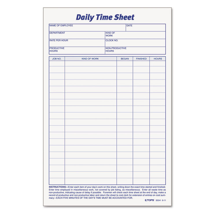 Daily Time and Job Sheets, One-Part (No Copies), 8.5 x 5.5, 200 Forms/Pad, 2 Pads/Pack