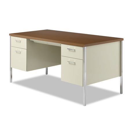 Double Pedestal Steel Desk, 60" x 30" x 29.5", Cherry/Putty, Chrome-Plated Legs