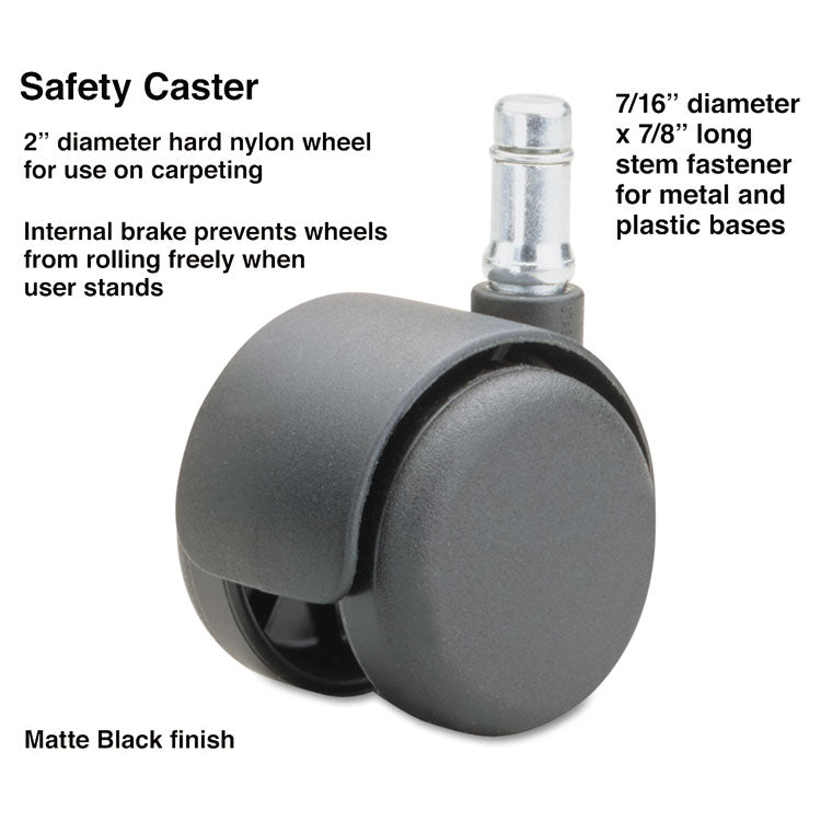 Safety Casters, Standard Neck, Grip Ring Type B Stem, 2  Hard Nylon Wheel, Matte Black, 5/Set