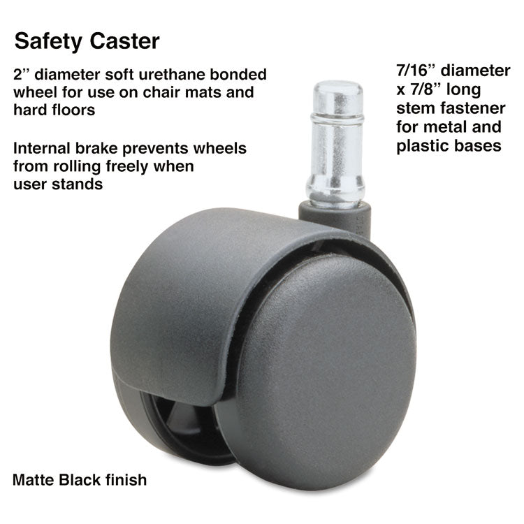 Safety Casters, Standard Neck, Grip Ring Type B Stem, 2  Soft Polyurethane Wheel, Matte Black, 5/Set
