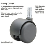 Safety Casters, Standard Neck, Grip Ring Type B Stem, 2  Soft Polyurethane Wheel, Matte Black, 5/Set