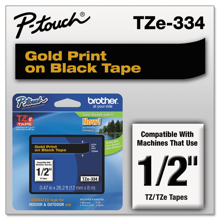 TZe Standard Adhesive Laminated Labeling Tape, 0.47" x 26.2 ft, Gold on Black