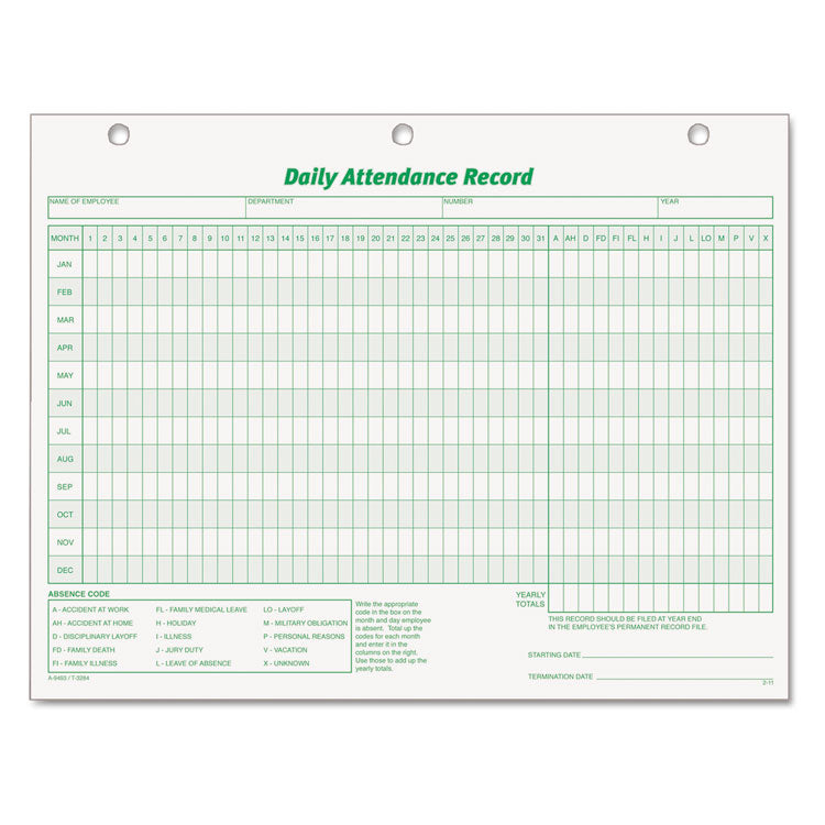 Daily Attendance Card, One-Part (No Copies), 11 x 8.5, 50 Forms Total